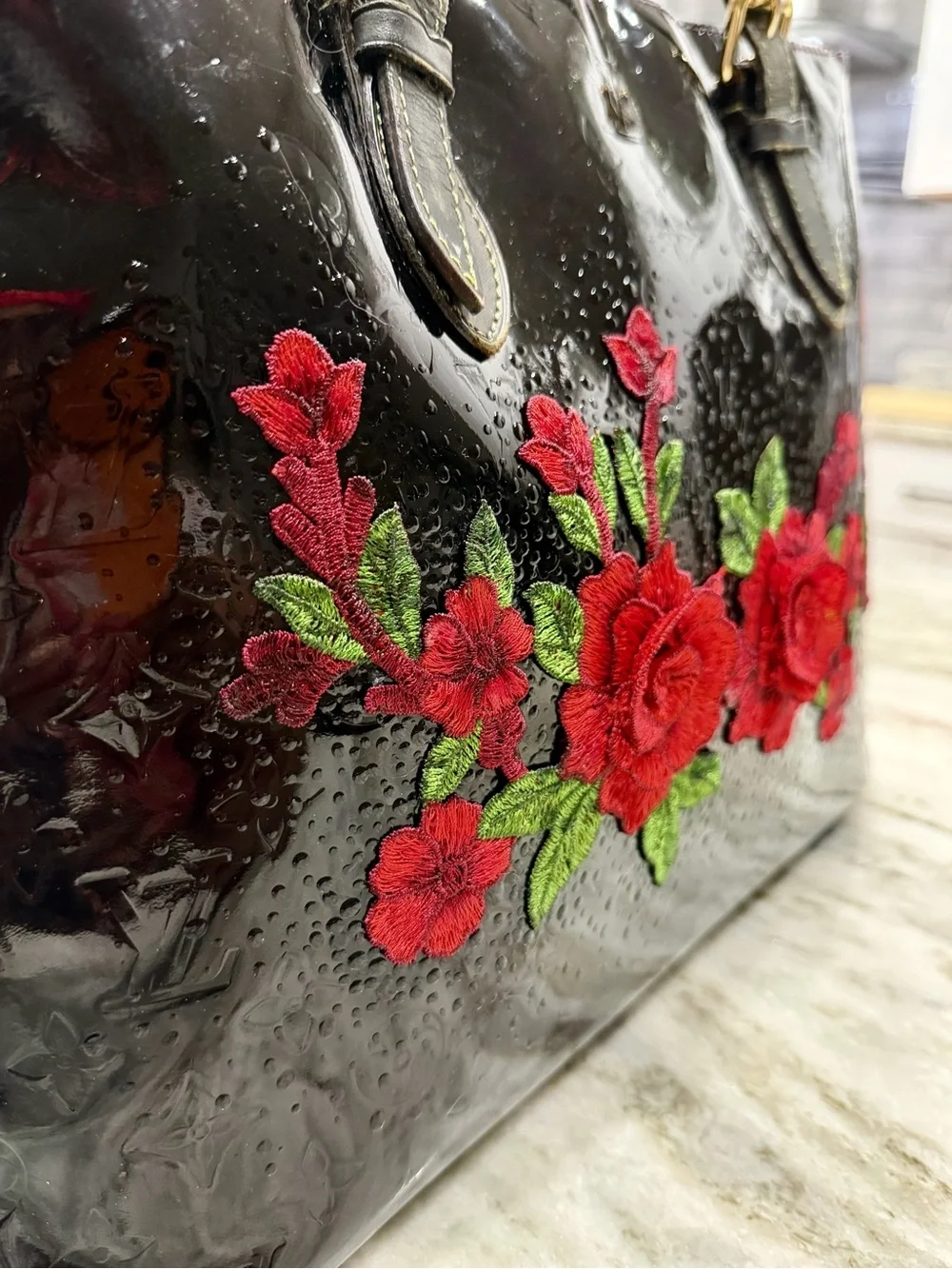 Louis Vuitton Authentic Black Vernis Leather Tote with Custom 3D Red Rose Motif